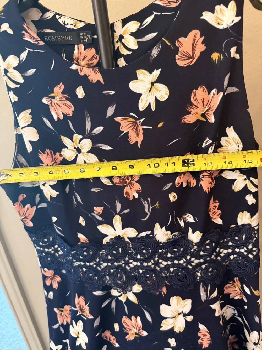Navy Sleeveless Floral Midi Dress with Lace Waist - Picture 10 of 11